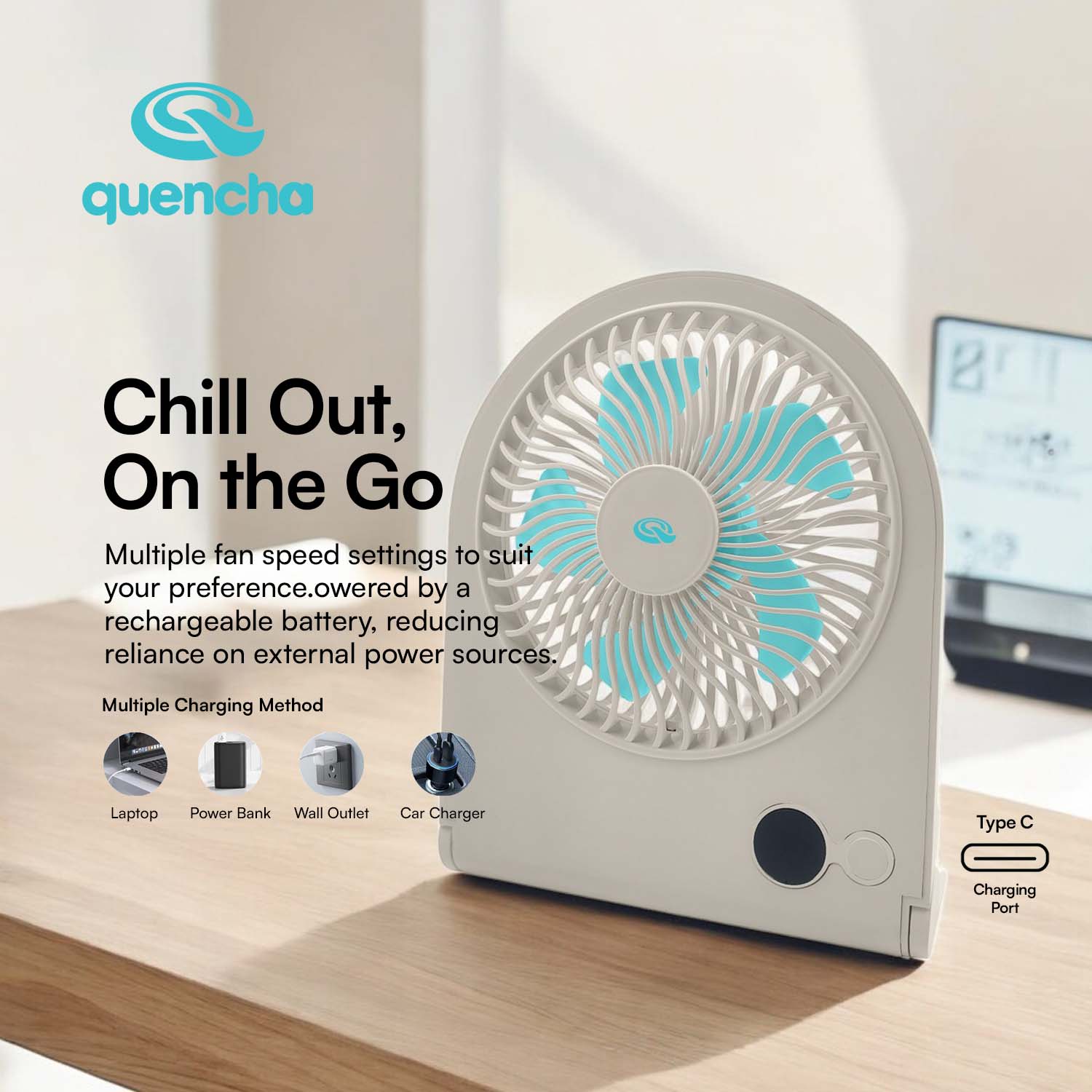 QUENCHA Portable Desk Fan 2000mAh Rechargeable Mini Fan
