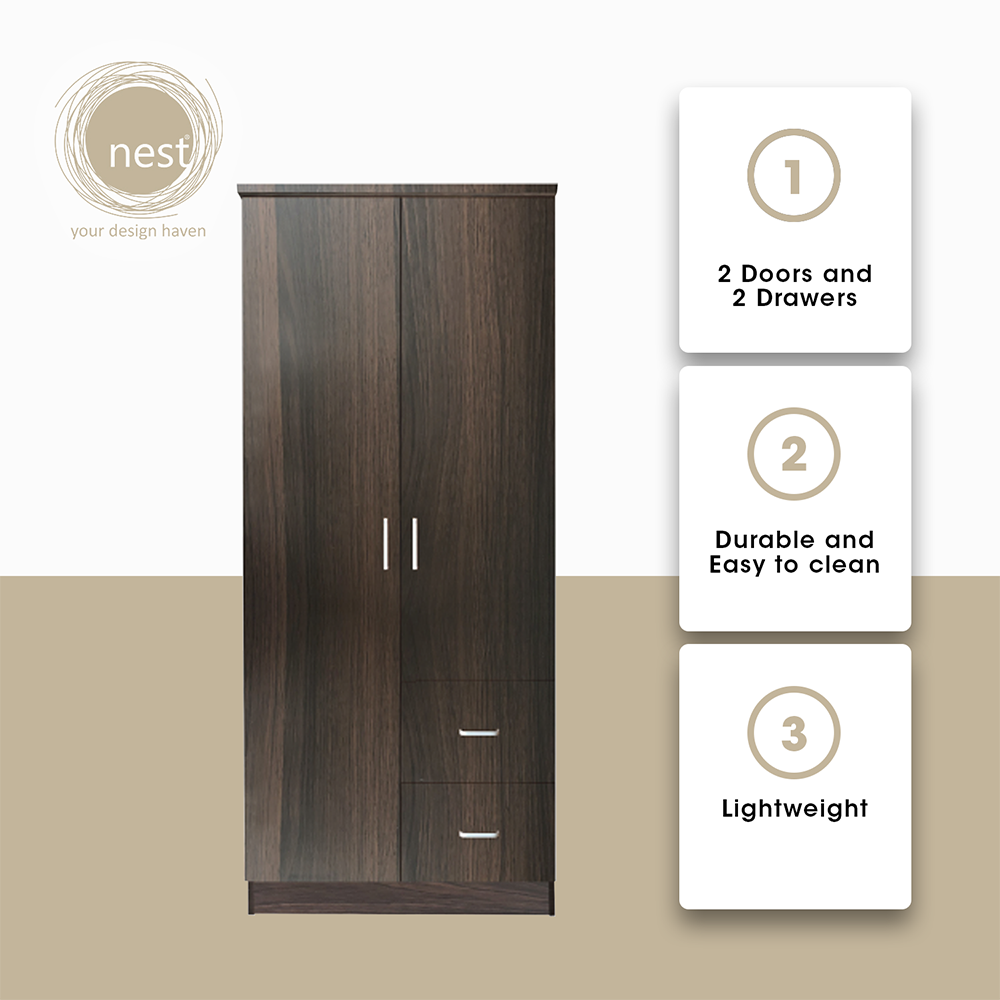 NEST DESIGN LAB Premium Wardrobe 2 Doors & 2 Drawers Modern Italian Design Amazing Gift Idea For Any Occasion! (Wenge)