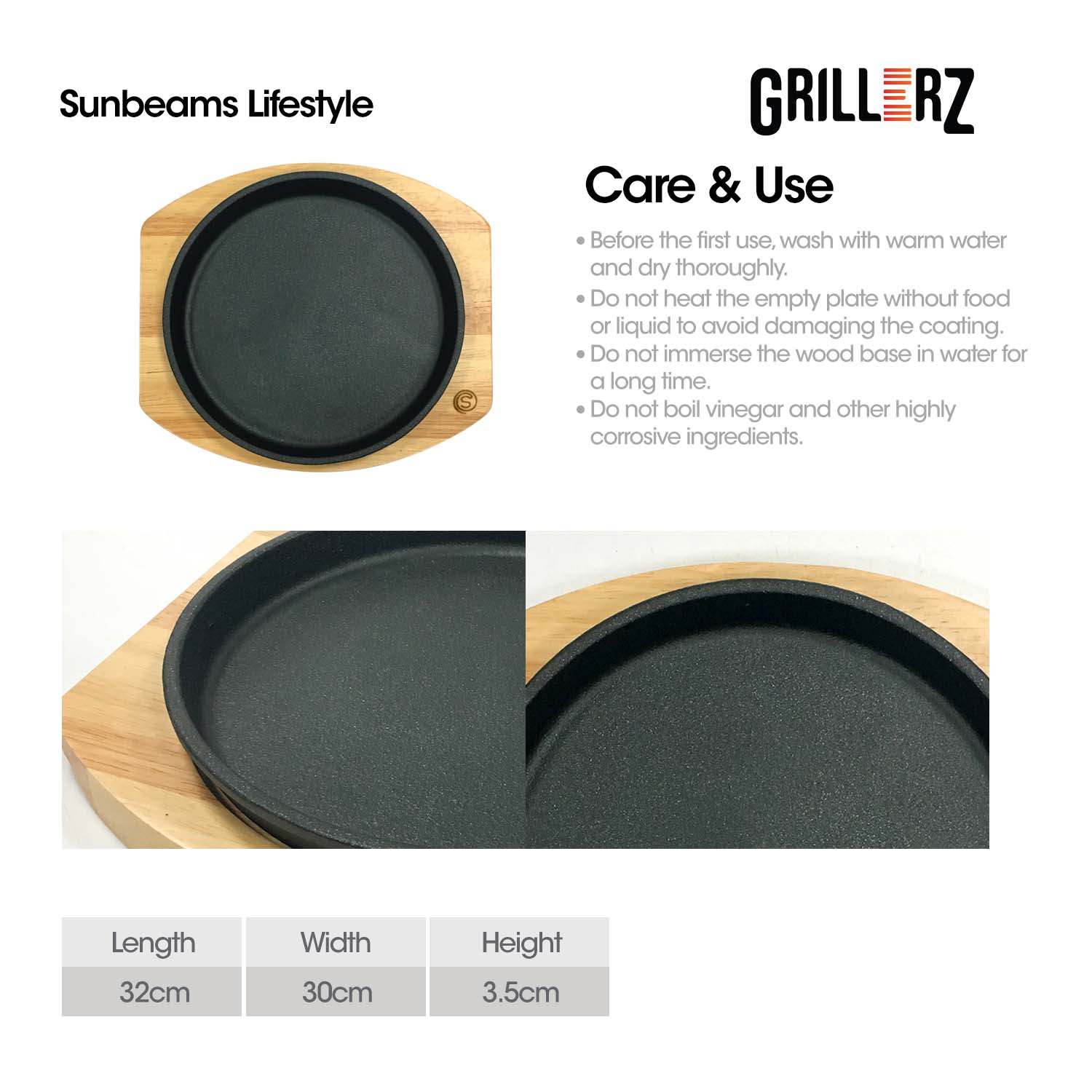 [Official] Slique GRILLERZ Cast Iron Sizzling Plate w/ Rubberwood Base - Restaurant Grade Serving Tray, Induction Ready