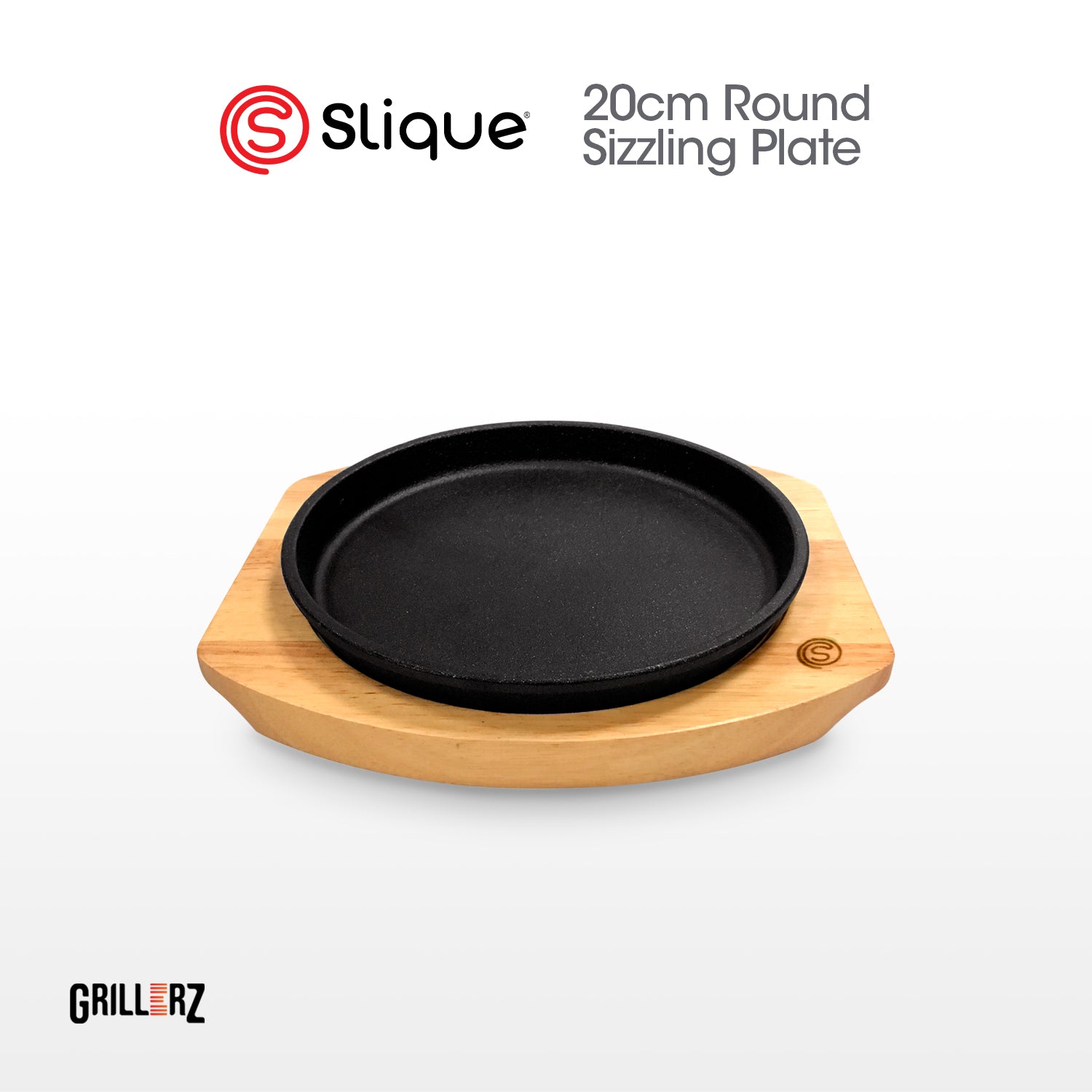 [Official] Slique GRILLERZ Cast Iron Sizzling Plate w/ Rubberwood Base - Restaurant Grade Serving Tray, Induction Ready