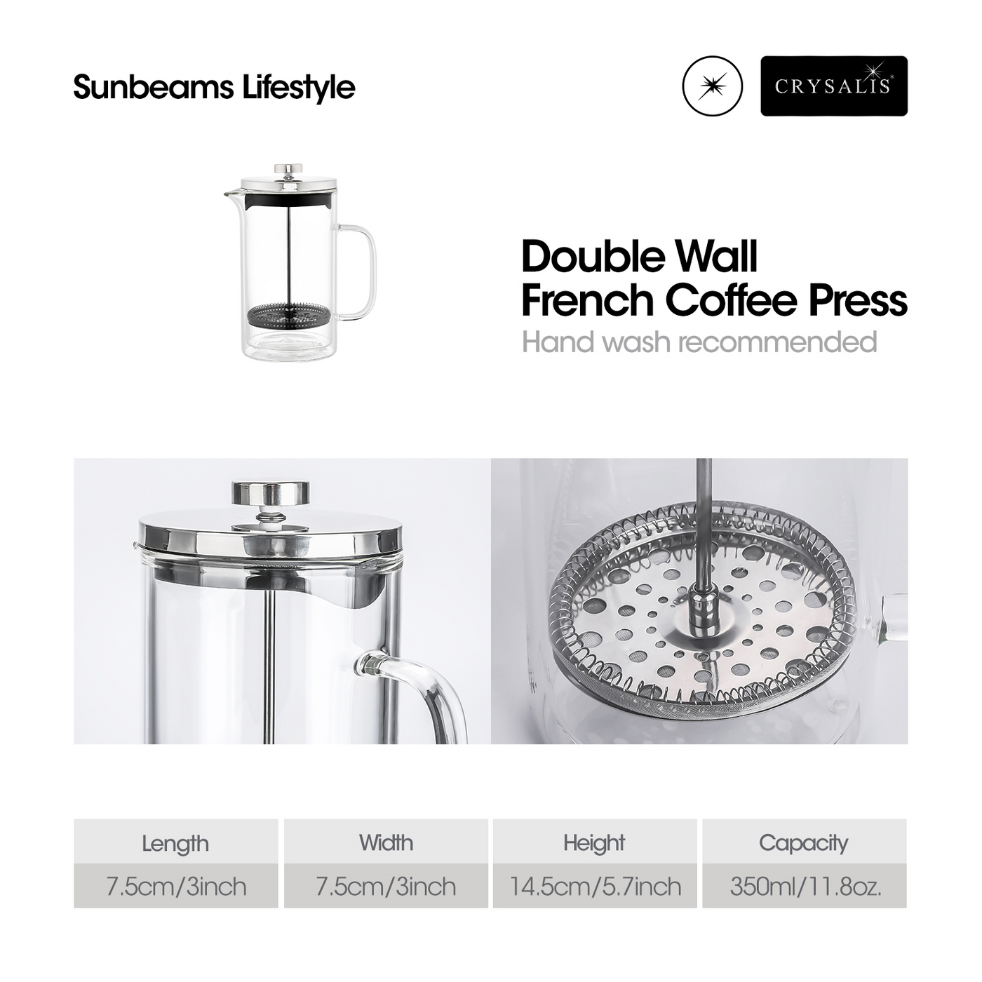 CRYSALIS Coffee Press Crystal Clear Double Wall French Coffee Press 350ml/600ml/1L