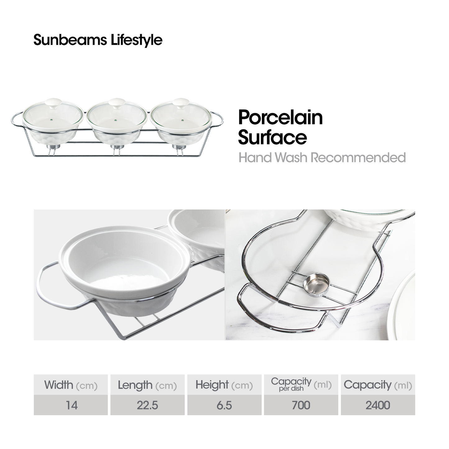 SLIQUE Casserole Serving Dish [Set of 3] 1400mL Signature Porcelain Collection Stand with Candle Burner