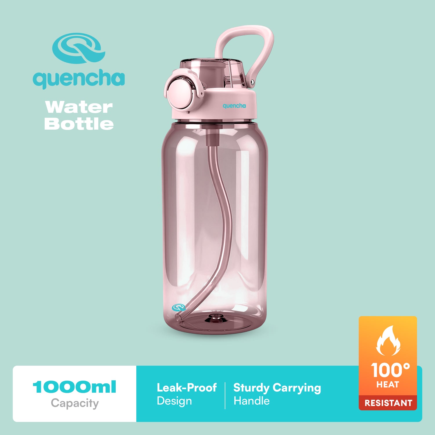 QUENCHA BPA-Free Water Bottle 1000ml Reusable Water Bottle • Built-In Straw • Leak-Proof Lid