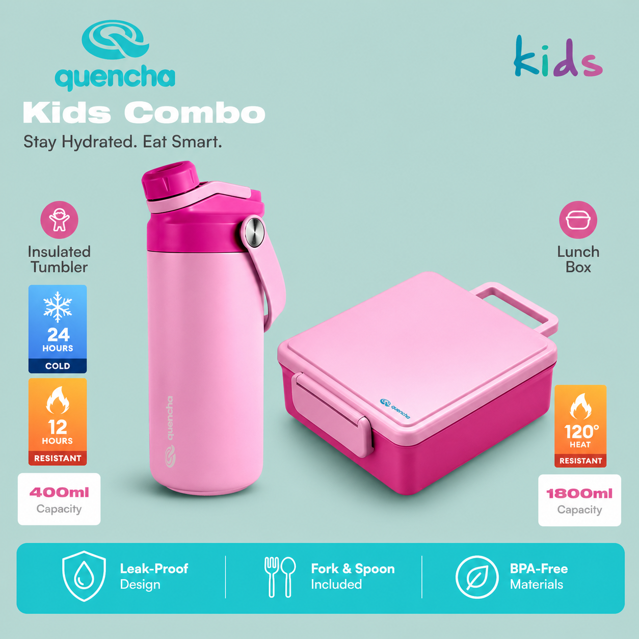 Quencha Kids Water Bottle Insulated Tumbler Lunch Box Kids Combo Back to School BPA-Free Leakproof