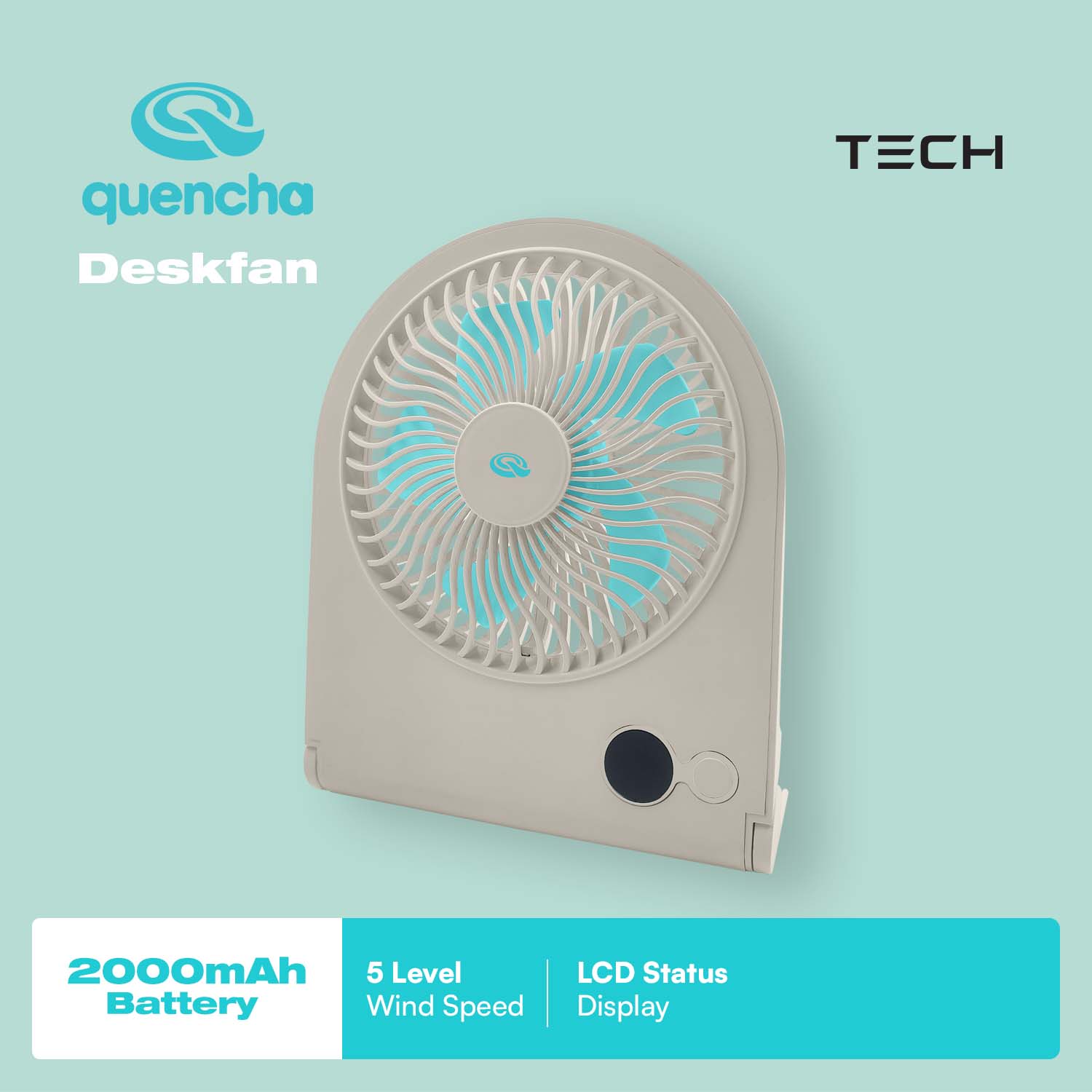 QUENCHA Portable Desk Fan 2000mAh Rechargeable Mini Fan