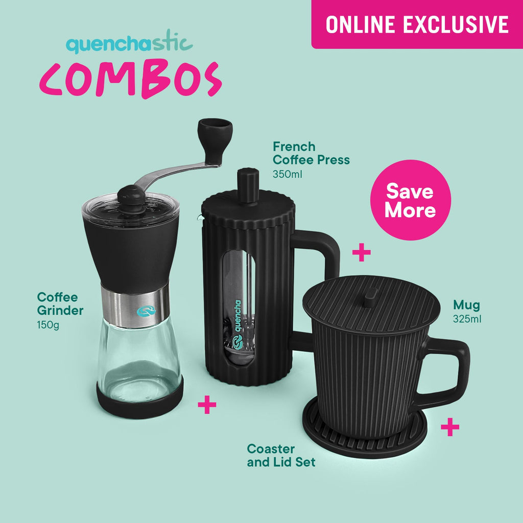 Quencha 350ml French Coffee Press, Grinder and Mug with Coaster and Lid Set