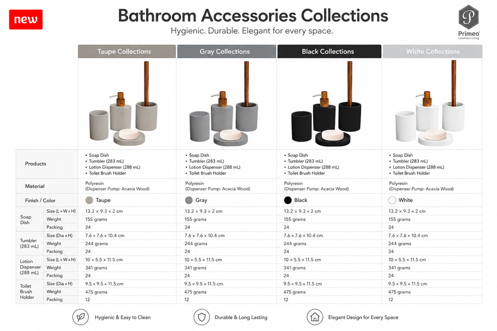 PRIMEO Bathroom Accessories Polyresin Bathroom Set Soap Dish Tumbler Soap Dispenser Toilet Brush Holder
