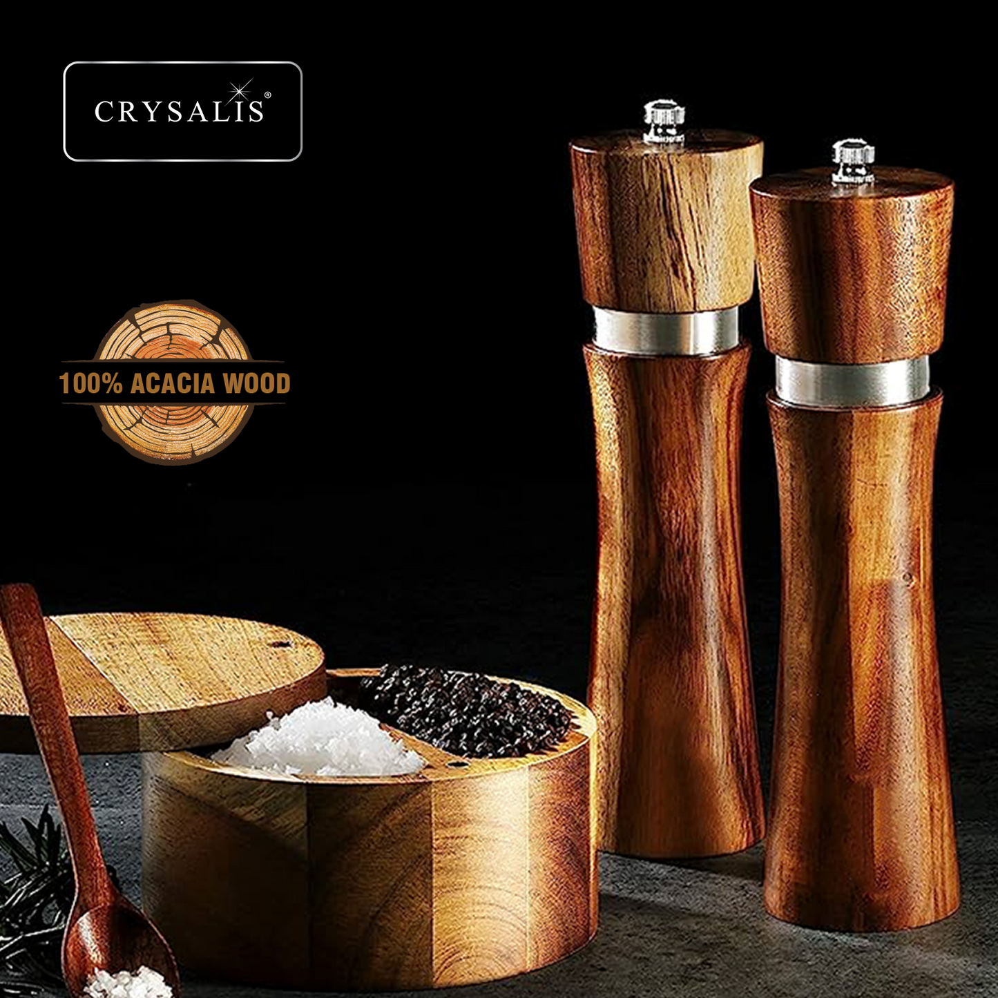 CRYSALIS PREMIUM Salt & Pepper Mill Manual Grinder Acacia Wood
