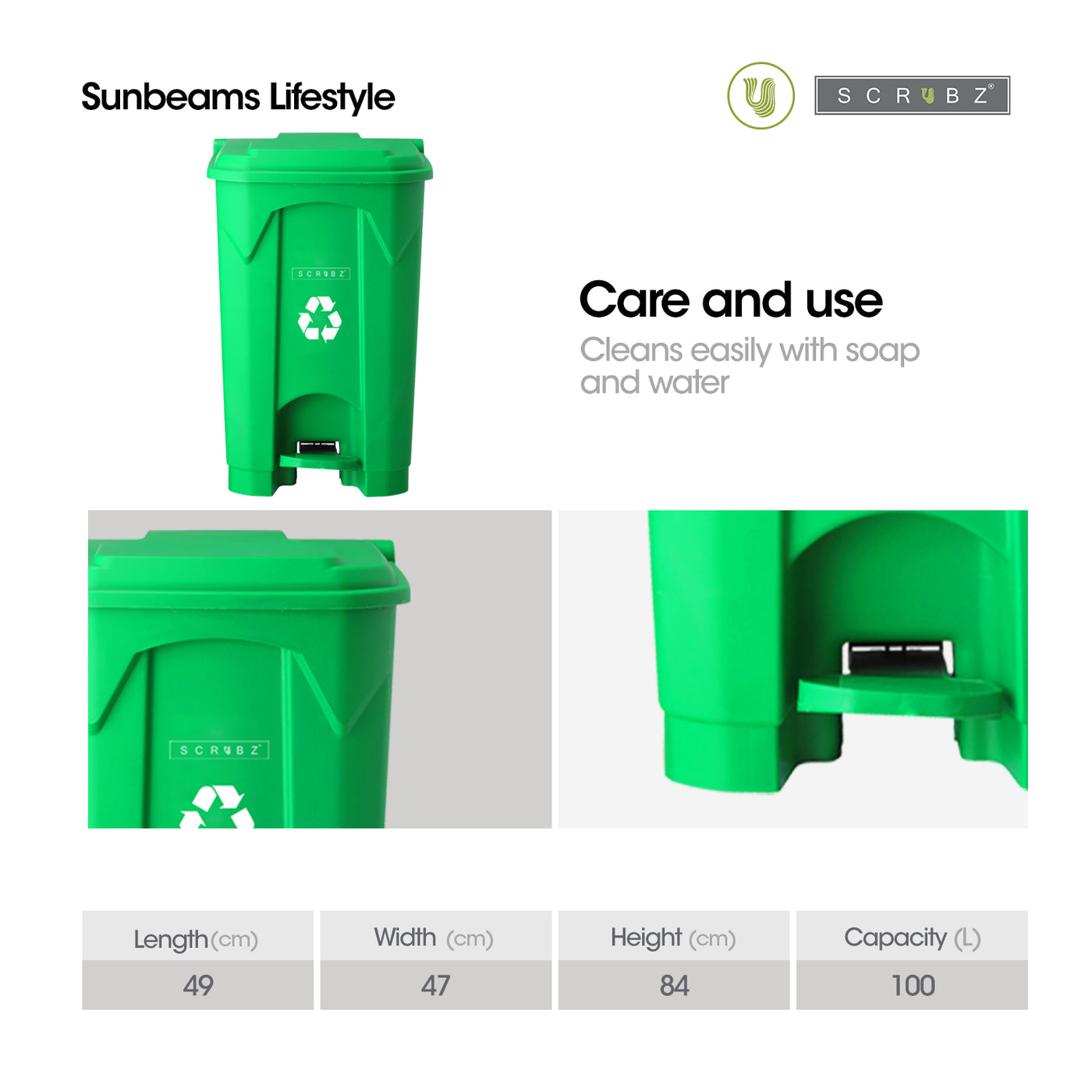 SCRUBZ Pedal Trash Bin Plastic 100 L Garbage Bin Waste Bin Trashcan