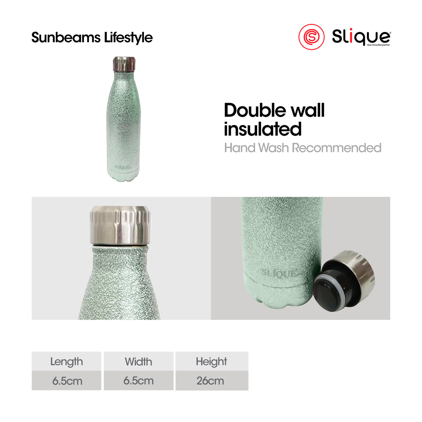 SLIQUE Stainless Steel Glitter Finish Insulated Water Bottle 500ml (Green)