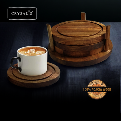 CRYSALIS Premium Coaster Set Holder Round Wooden Coaster [Set of 5] - Acacia Wood