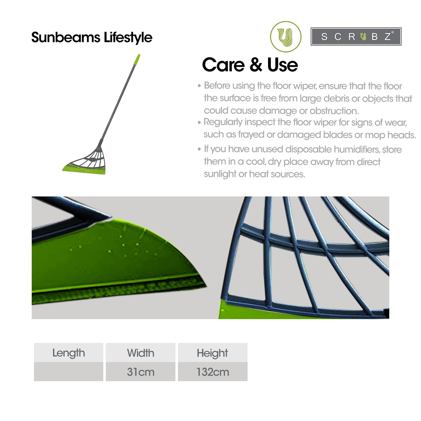 SCRUBZ Premium Floor Wiper, Rubber Blade/Foam Floor Sweeper