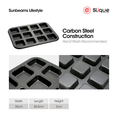 SLIQUE Premium Non-Stick 12 Cup Square Muffin Pan Oven Safe 35x26.5x3cm
