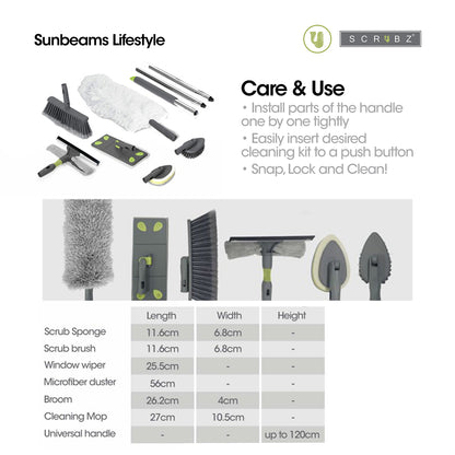 SCRUBZ Cleaning Kit 7 in 1 Set Broom | Mop | Window Wiper | Brush | Duster