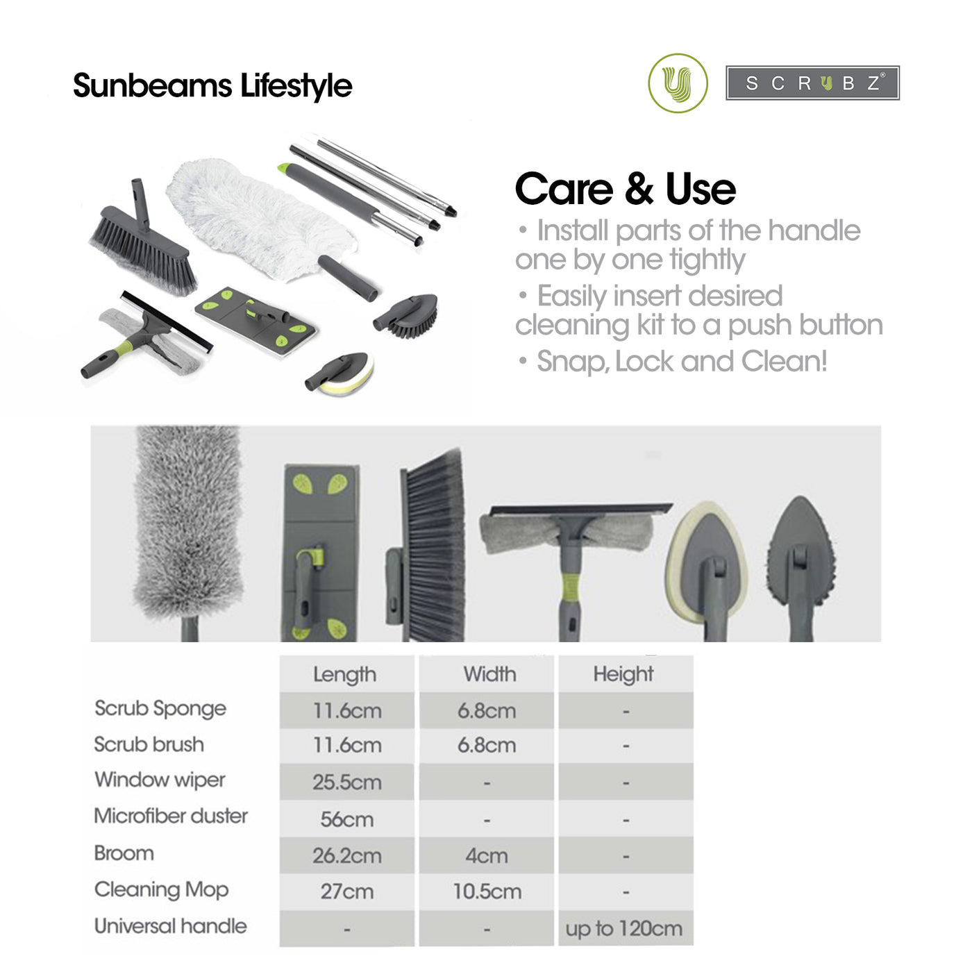 SCRUBZ Cleaning Kit 7 in 1 Set Broom | Mop | Window Wiper | Brush | Duster