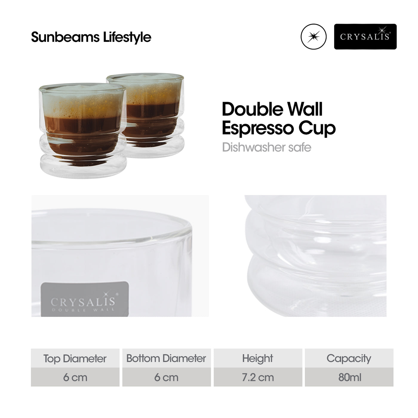 CRYSALIS Premium Coffee Cup w/out Handle Double Wall 80ml [Set of 2]