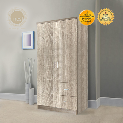 NEST DESIGN LAB Premium Wardrobe 2 Doors & 2 Drawers Modern Italian Design Amazing Gift Idea For Any Occasion! (Ashwood)