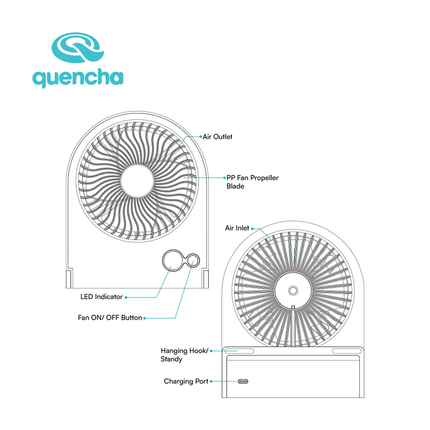 QUENCHA Portable Desk Fan 2000mAh Rechargeable Mini Fan