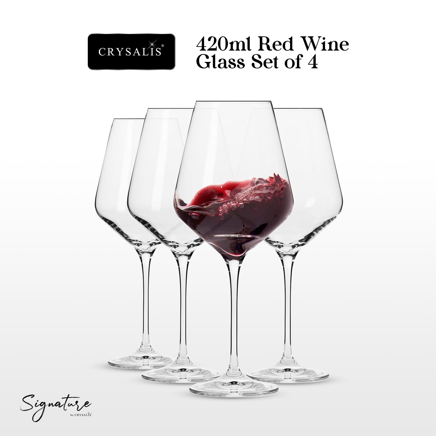 CRYSALIS Premium 420ml Red Wine Glass Set of 4 – Lead-Free Crystal Stemware Long Stem Elegant Drinking Glass