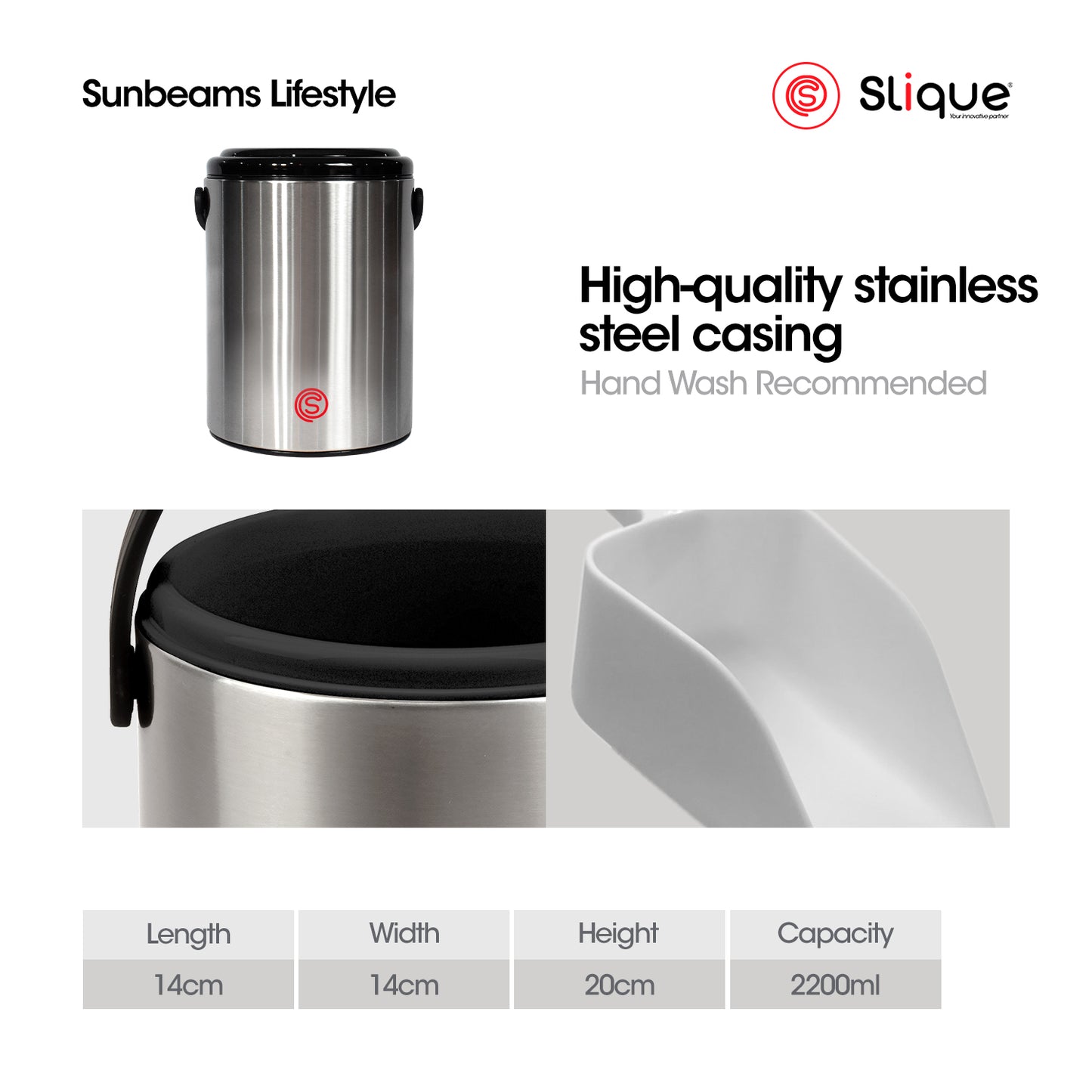 SLIQUE Premium Insulated Ice Bucket w/ Tong 2200ml (Silver)