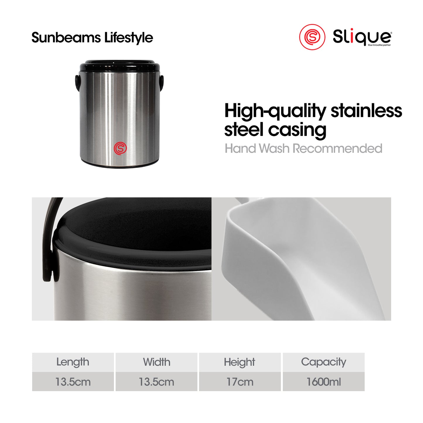 SLIQUE Premium Insulated Ice Bucket w/ Tong Stainless Steel 1600ml (Silver)