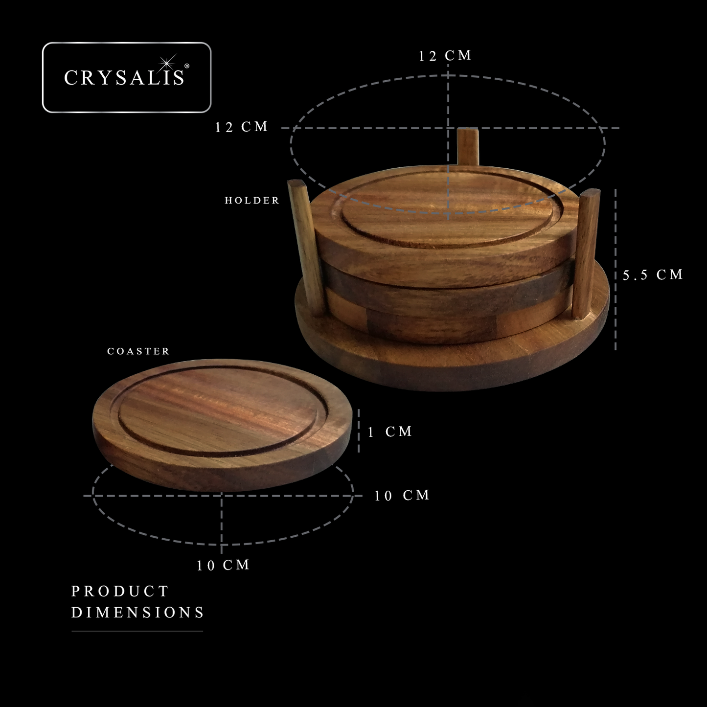 CRYSALIS Premium Coaster Set Holder Round Wooden Coaster [Set of 5] - Acacia Wood