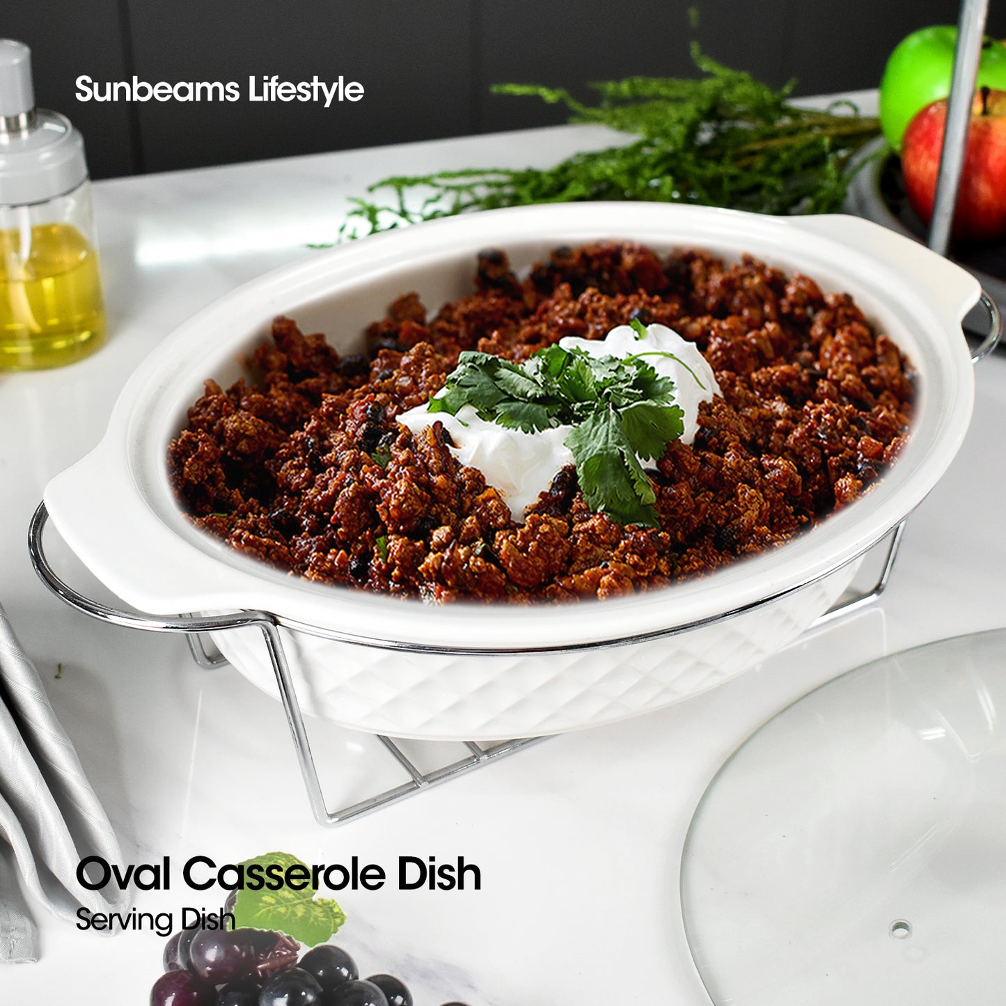 SLIQUE Premium Oval Ceramic Casserole Serving Dish with Tempered Glass Lid 1L/1.8L/2.6L