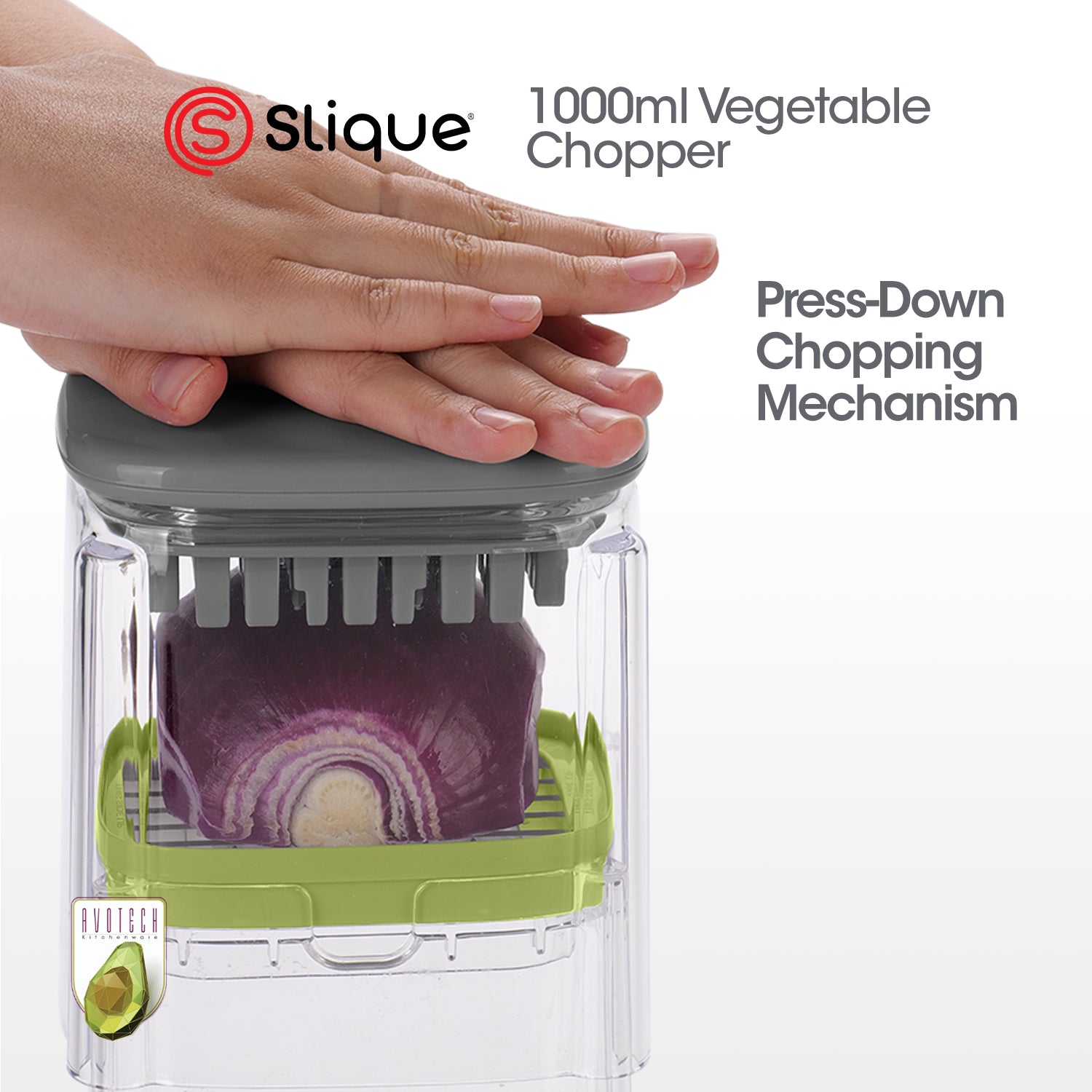 Slique AvoTech 1000ml Push Down Vegetable Chopper — Multi-Function Dicer, Onion & Fruit Cutter Kitchen Tool