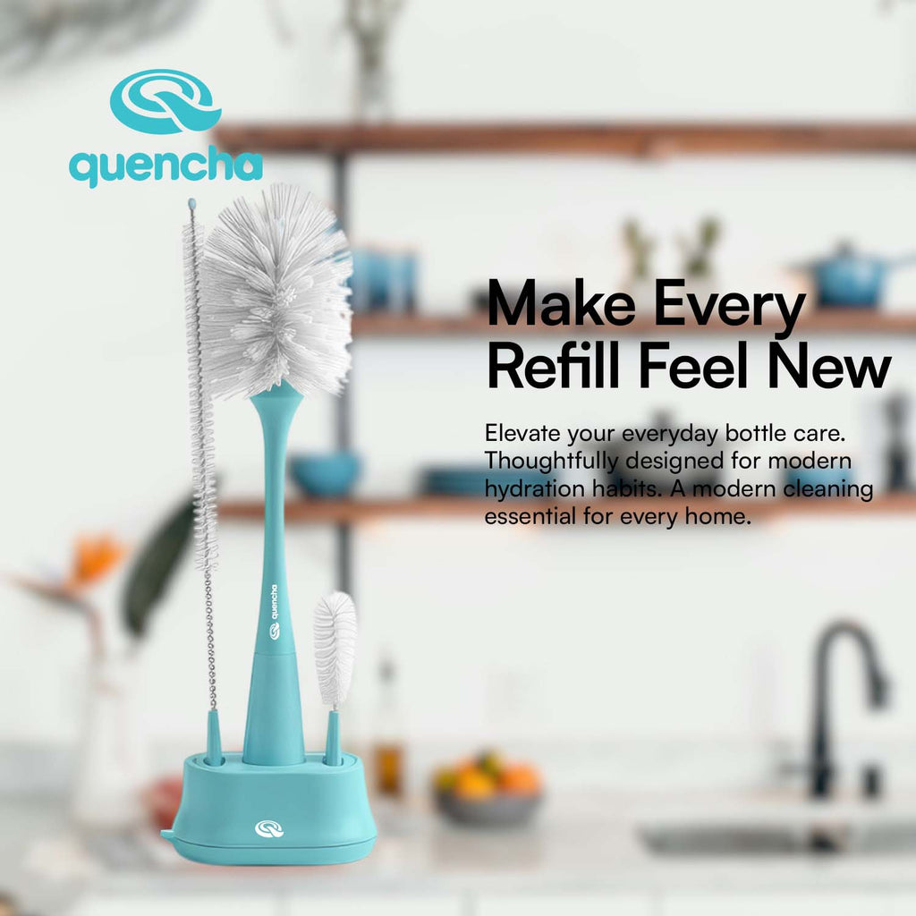 Quencha 3-in-1 Bottle Brush Set Tumbler Cleaner with Straw Brush Lid Brush and Organizer Base BPA-Free Aqua