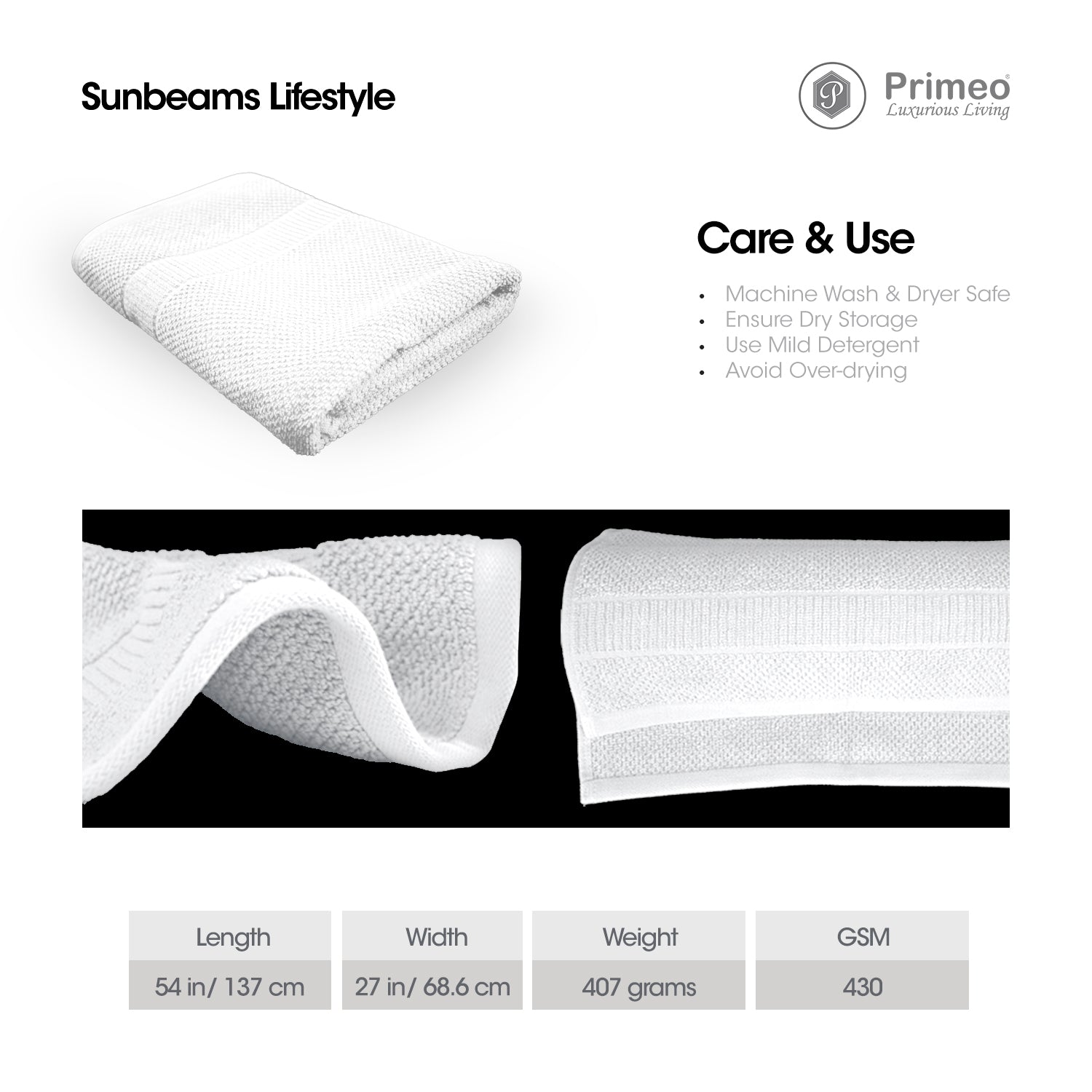Primeo 100% Cotton Bath Towel - Popcorn Weave Collection Towels