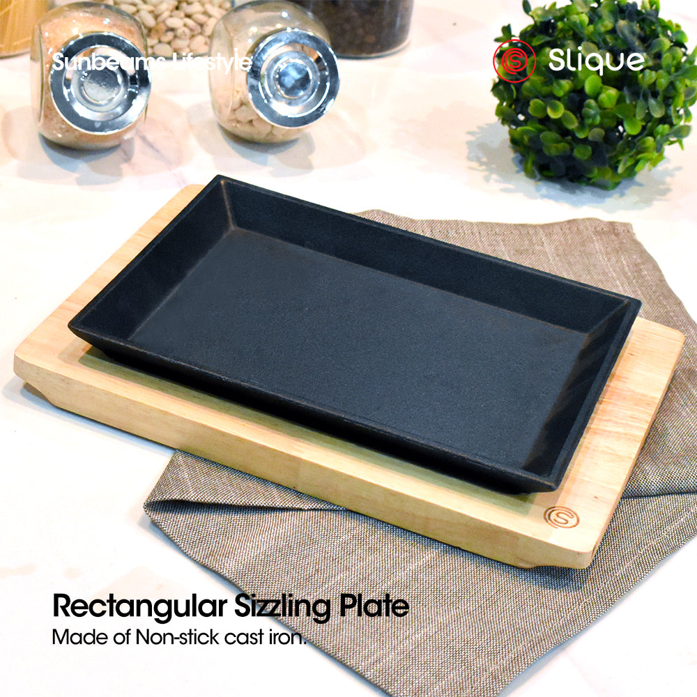 [Official] Slique GRILLERZ Cast Iron Sizzling Plate w/ Rubberwood Base - Restaurant Grade Serving Tray, Induction Ready