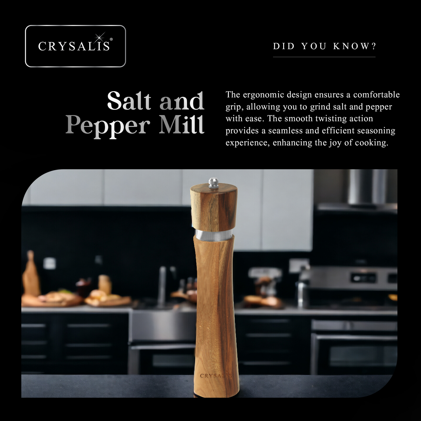 CRYSALIS PREMIUM Salt & Pepper Mill Manual Grinder Acacia Wood