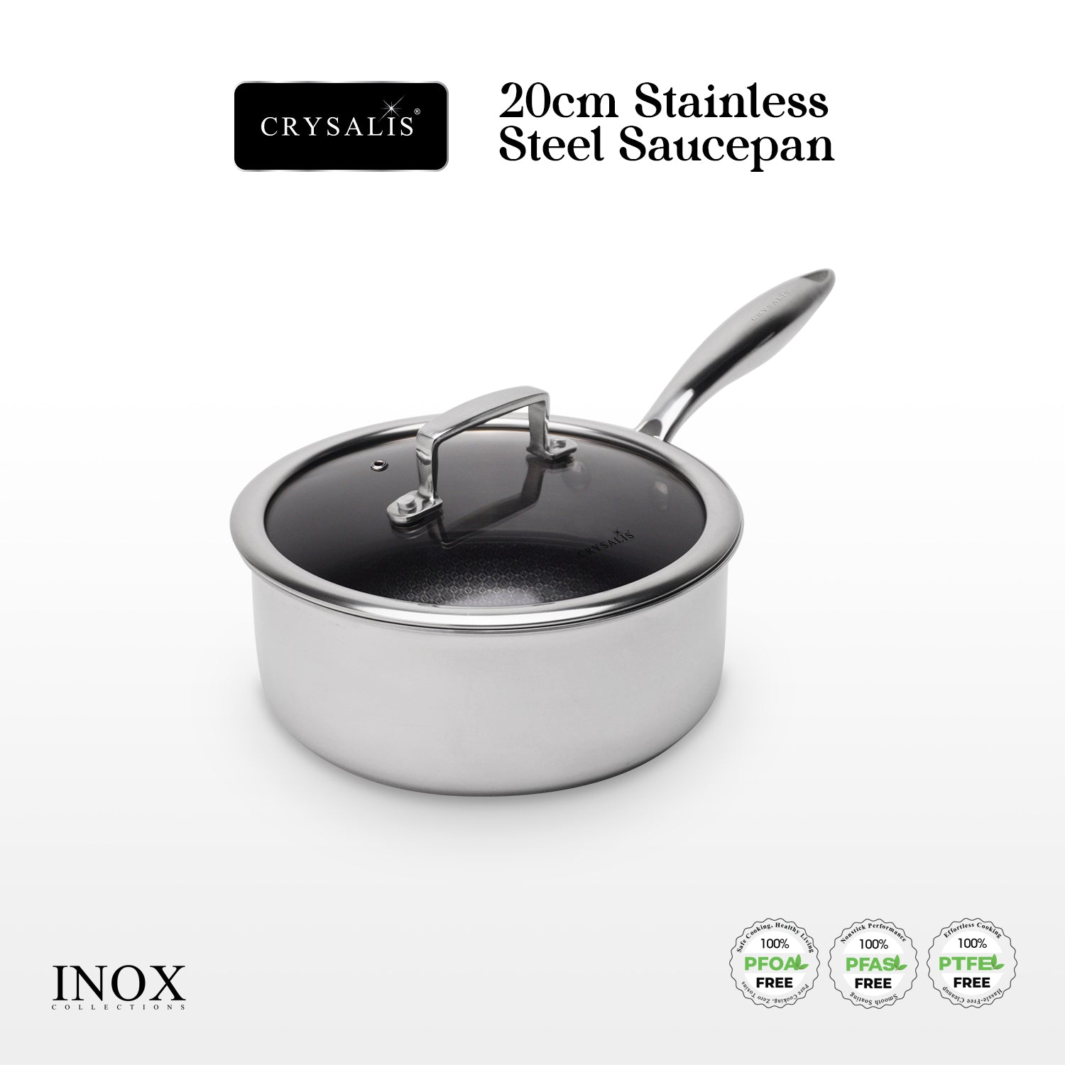 CRYSALIS INOX Stainless Steel Cookware Collection - Honeycomb Non-Stick Frypan, Saucepan, Dutch Oven, Wok Pan