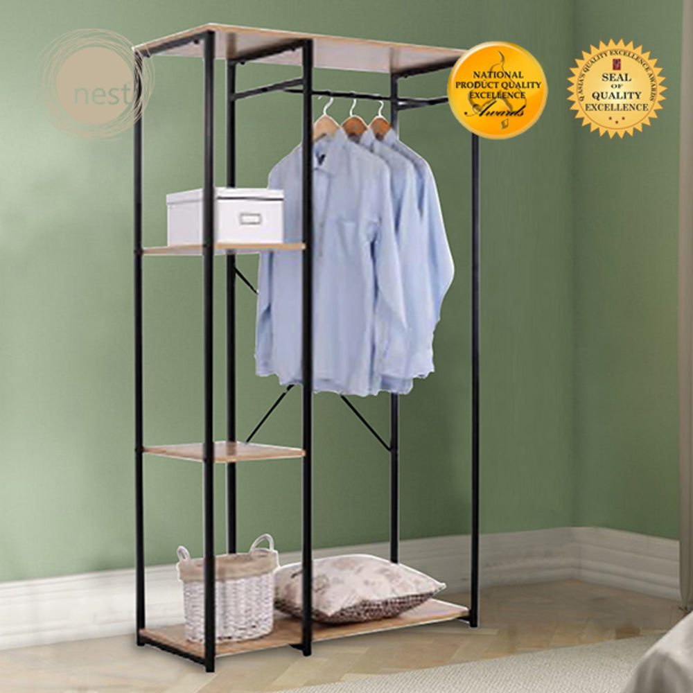 NEST DESIGN LAB Garment Clothes Hanging Rack w/ top shelf & 3-Tier Shoes/Clothing/Storage Wooden Shelves Amazing Gift Idea For Any Occasion!