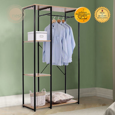 NEST DESIGN LAB Garment Clothes Hanging Rack w/ top shelf & 3-Tier Shoes/Clothing/Storage Wooden Shelves Amazing Gift Idea For Any Occasion!