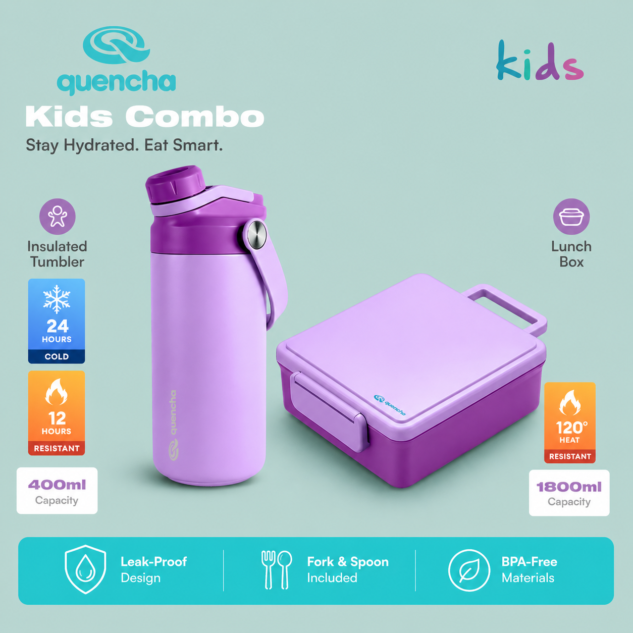 Quencha Kids Water Bottle Insulated Tumbler Lunch Box Kids Combo Back to School BPA-Free Leakproof