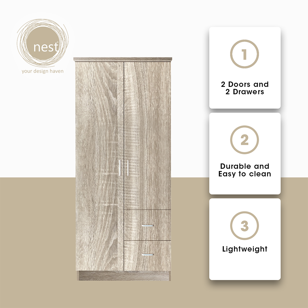 NEST DESIGN LAB Premium Wardrobe 2 Doors & 2 Drawers Modern Italian Design Amazing Gift Idea For Any Occasion! (Ashwood)