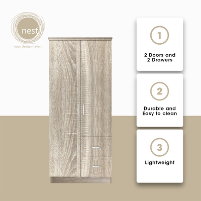 NEST DESIGN LAB Premium Wardrobe 2 Doors & 2 Drawers Modern Italian Design Amazing Gift Idea For Any Occasion! (Ashwood)
