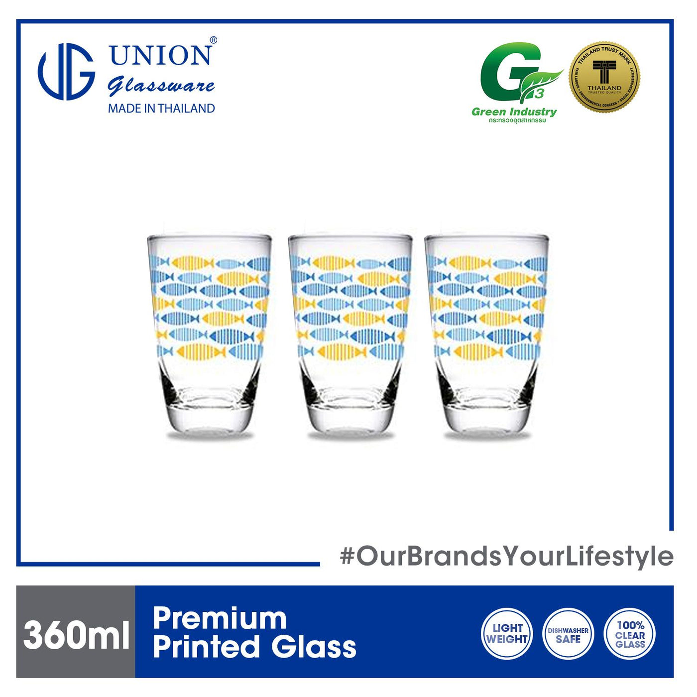 UNION GLASS Thailand Premium Printed Glass Limited Edition Design Water, Juice, Soda, Liquor Glass 360ml 13oz Set of 3 Amazing Gift Idea For Any Occasion!