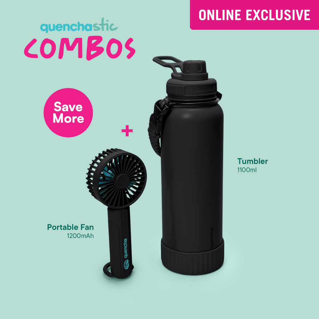 Quencha 18oz. & 37oz. Insulated Tumbler + Portable Fan with Flashlight – Perfect for Travel, Commute & Outdoors
