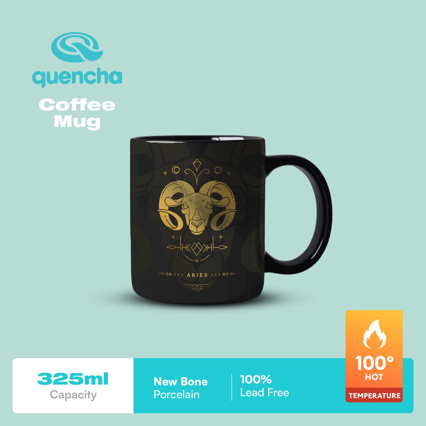 Quencha 325ml Chip Resistant Coffee Mug with Zodiac Design Porcelain Coffee Cup