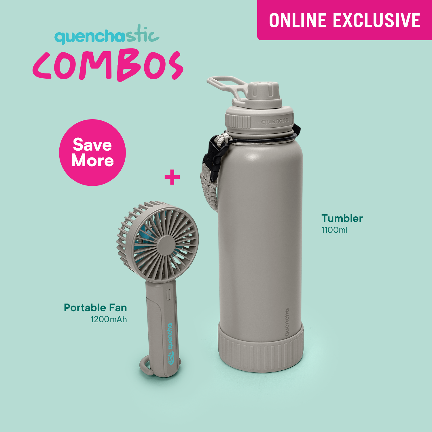 Quencha 18oz. & 37oz. Insulated Tumbler + Portable Fan with Flashlight – Perfect for Travel, Commute & Outdoors