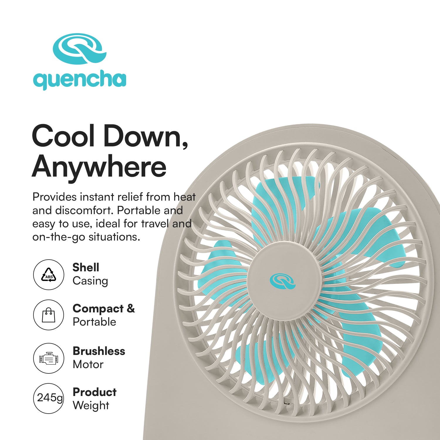 QUENCHA Portable Desk Fan 2000mAh Rechargeable Mini Fan
