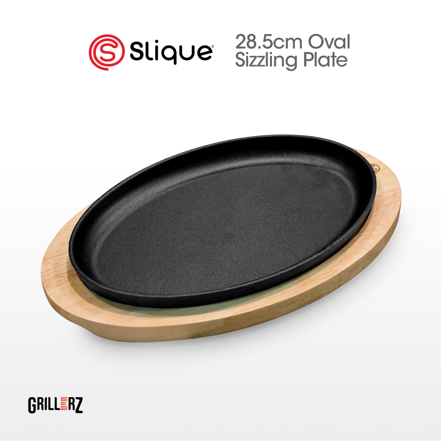 [Official] Slique GRILLERZ Cast Iron Sizzling Plate w/ Rubberwood Base - Restaurant Grade Serving Tray, Induction Ready