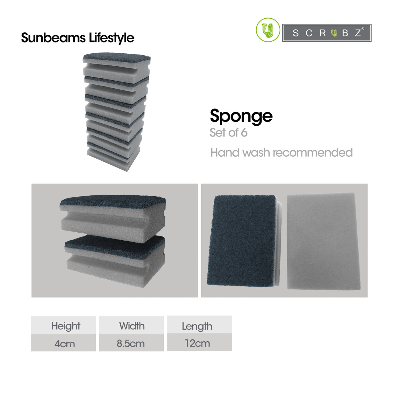 SCRUBZ Premium 2 in 1 Cleaning Sponge Set of 6 Polyester & Polyurethane Grey