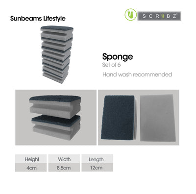 SCRUBZ Premium 2 in 1 Cleaning Sponge Set of 6 Polyester & Polyurethane Grey