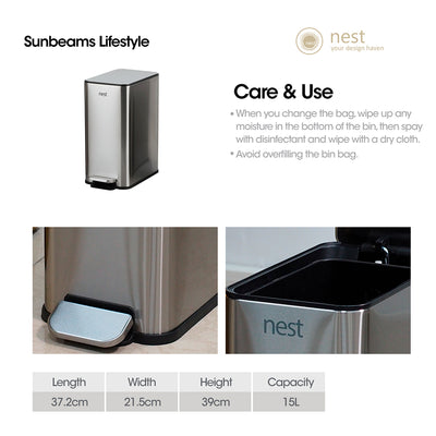 NEST DESIGN LAB Pedal Bin Stainless Steel with Free 120pcs Disposable Trash Bags