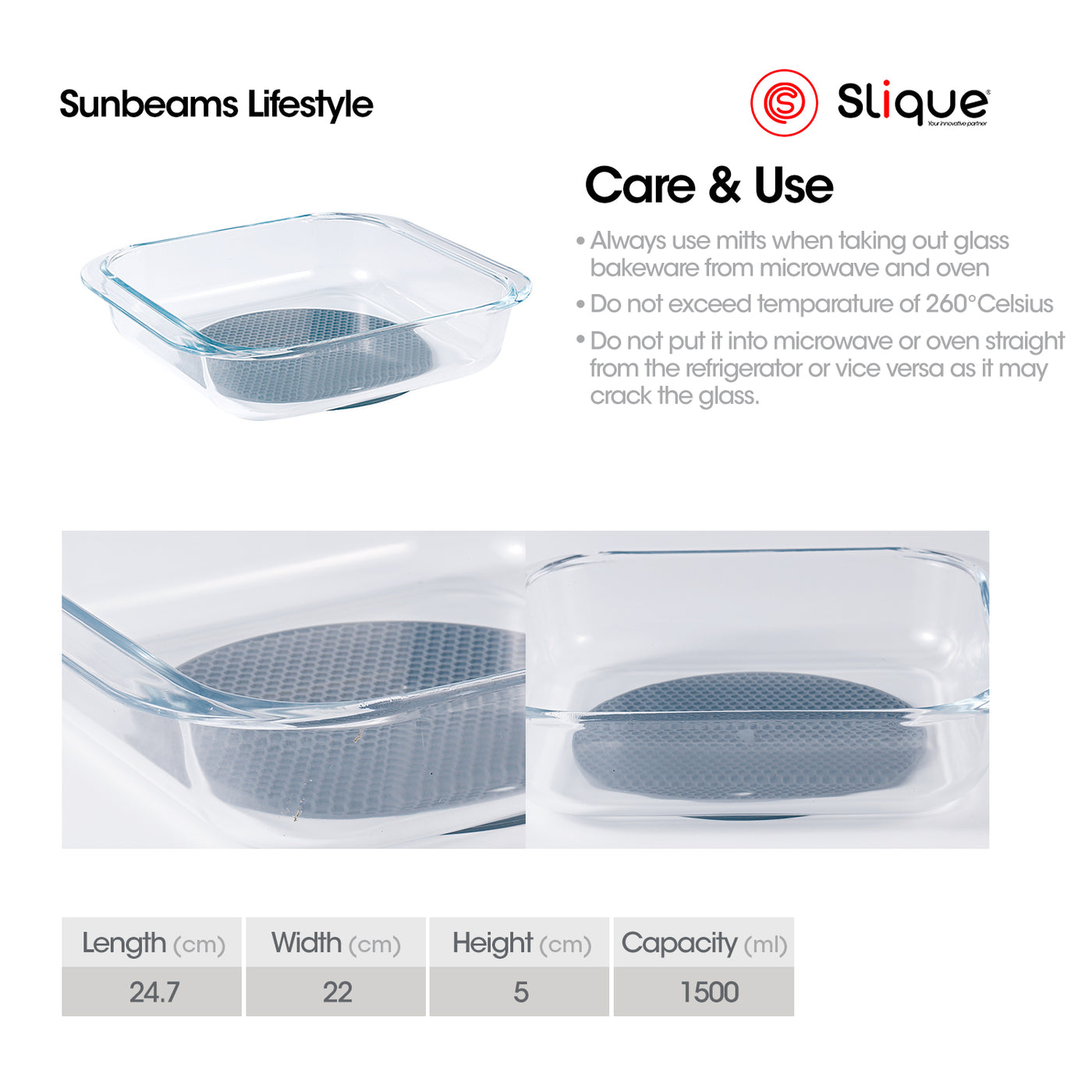 SLIQUE Premium Borosilicate Square Glass Baking Dish 1500ml