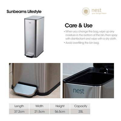 NEST DESIGN LAB Pedal Bin Stainless Steel with Free 120pcs Disposable Trash Bags