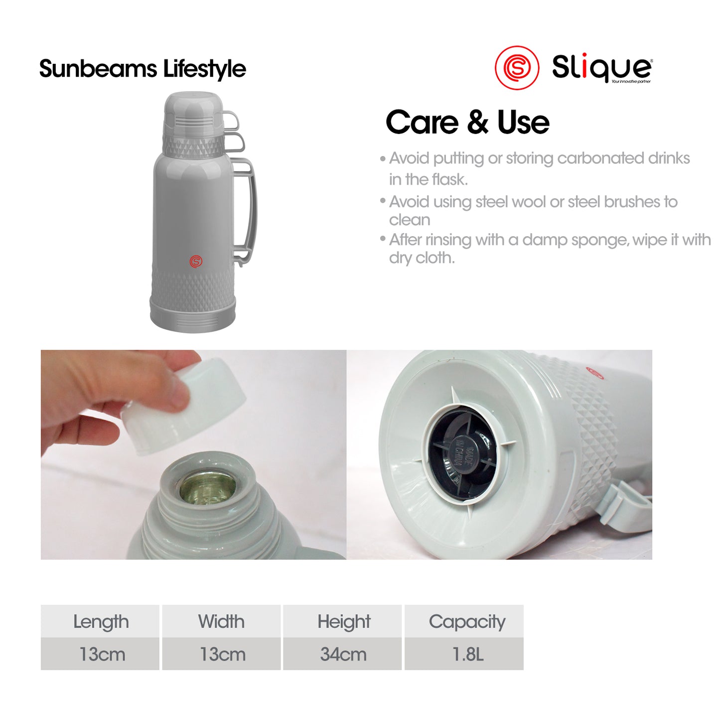 SLIQUE Insulated Vacuum Flask w/ 2 Cups 1L/1.8L